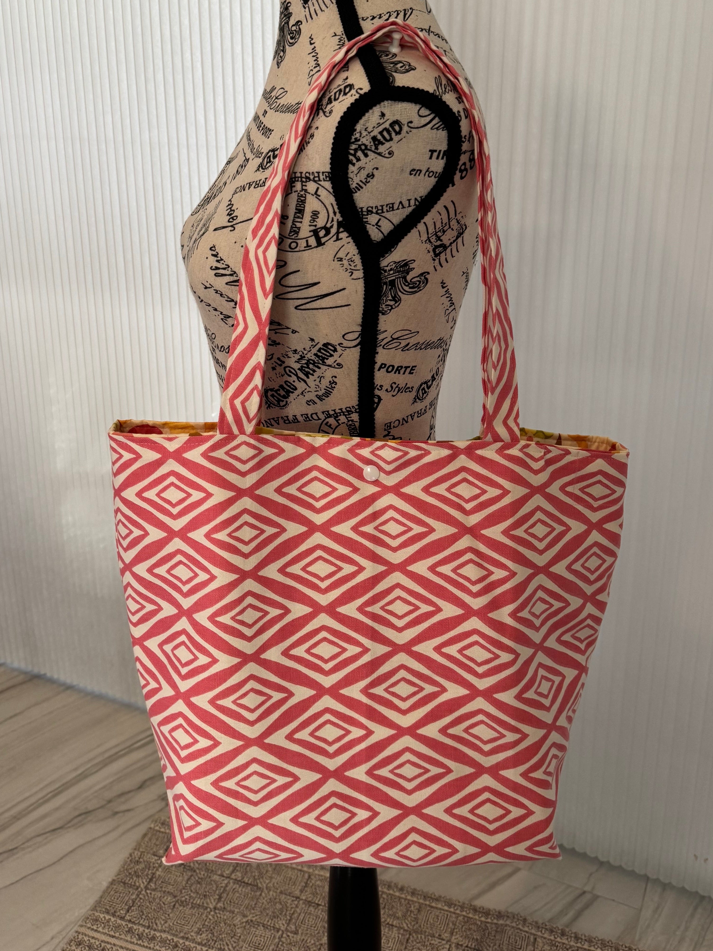Coral Pink Geometric with Modern Floral Lining Tote