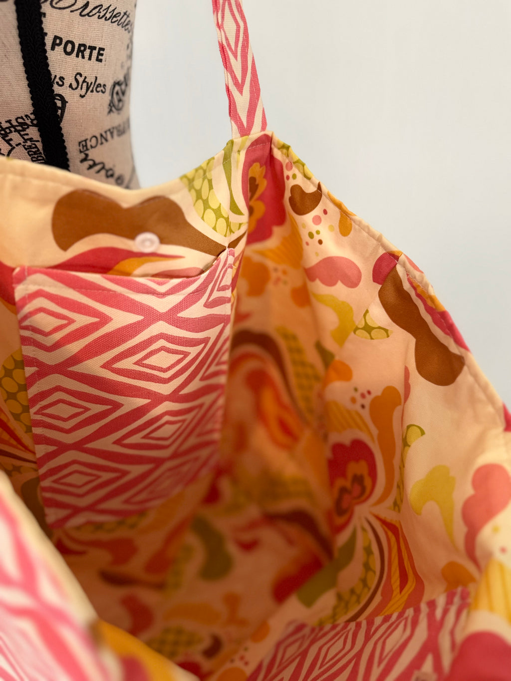 Coral Pink Geometric with Modern Floral Lining Tote