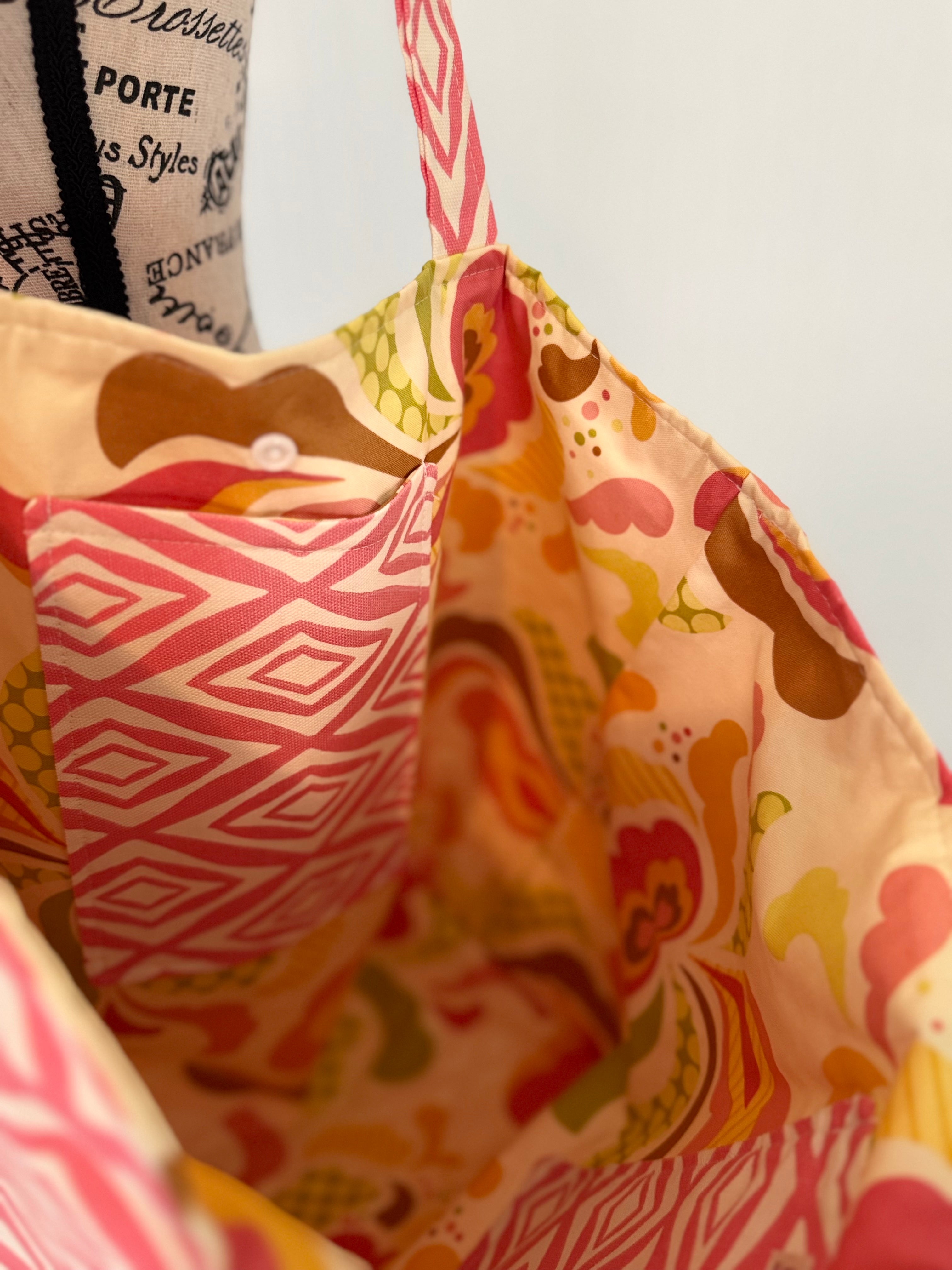 Coral Pink Geometric with Modern Floral Lining Tote