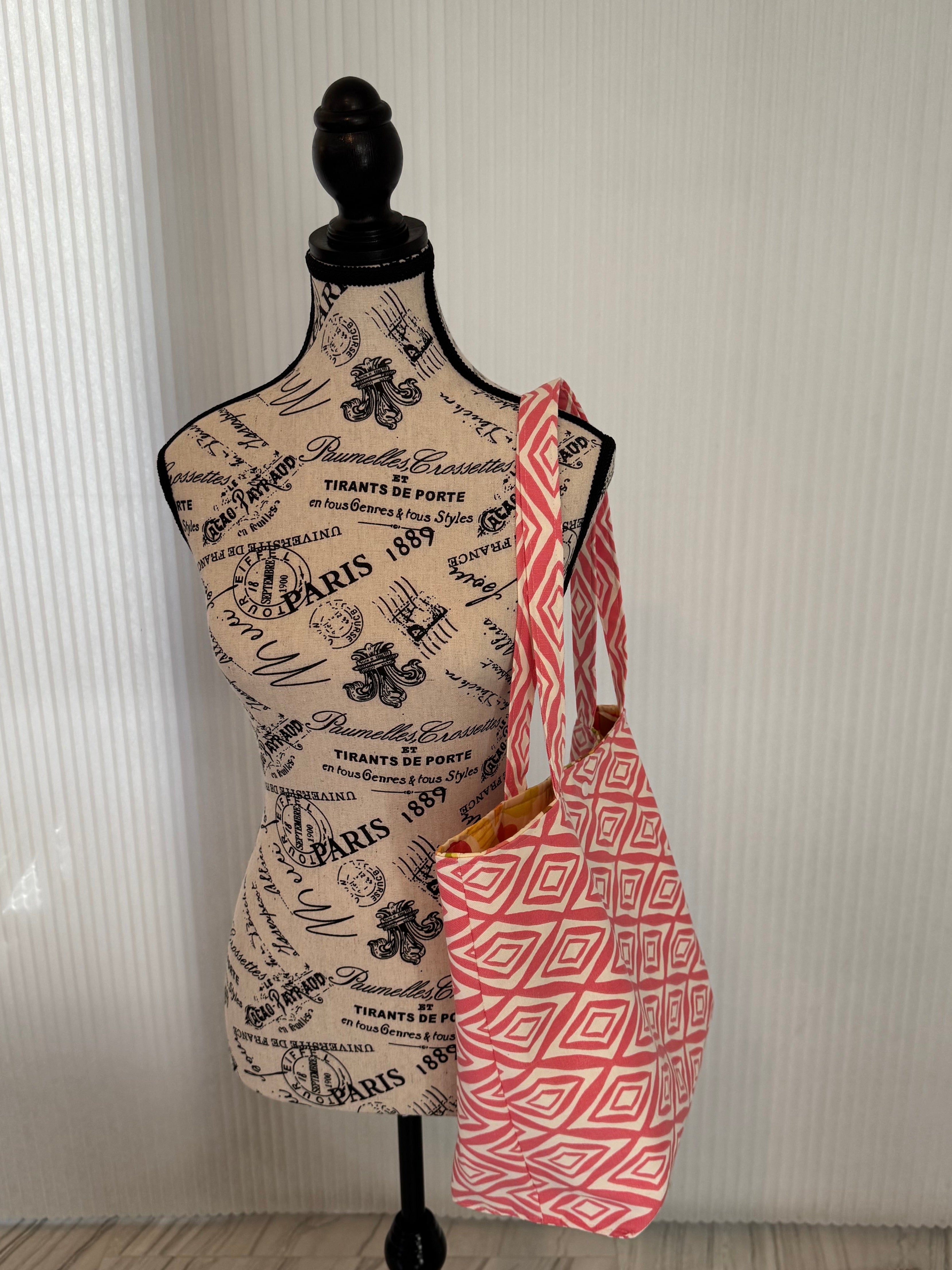 Coral Pink Geometric with Modern Floral Lining Tote
