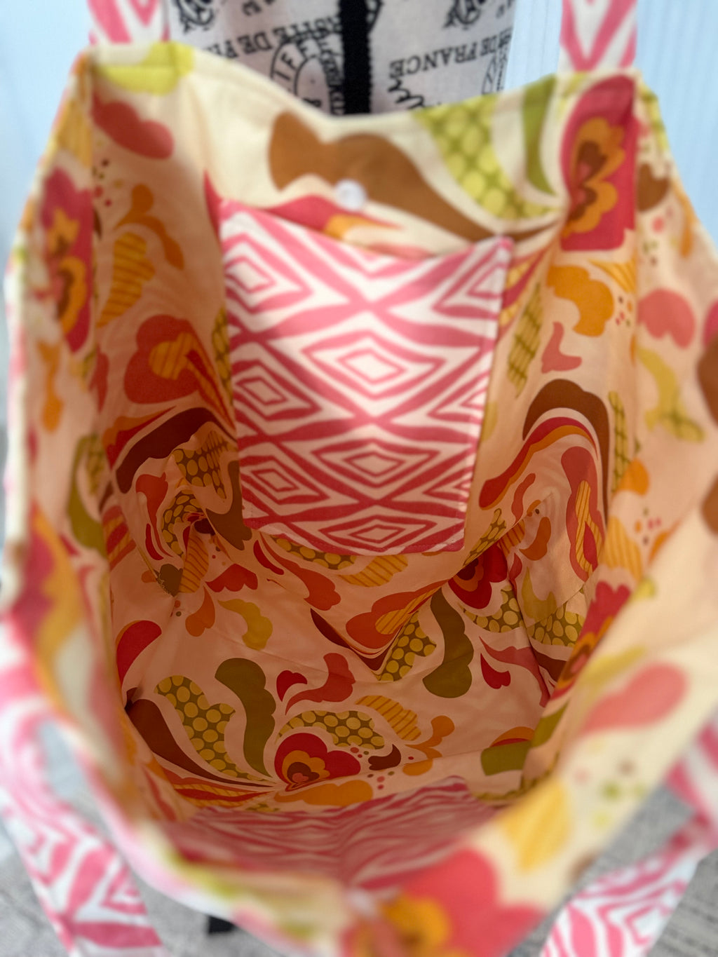 Coral Pink Geometric with Modern Floral Lining Tote