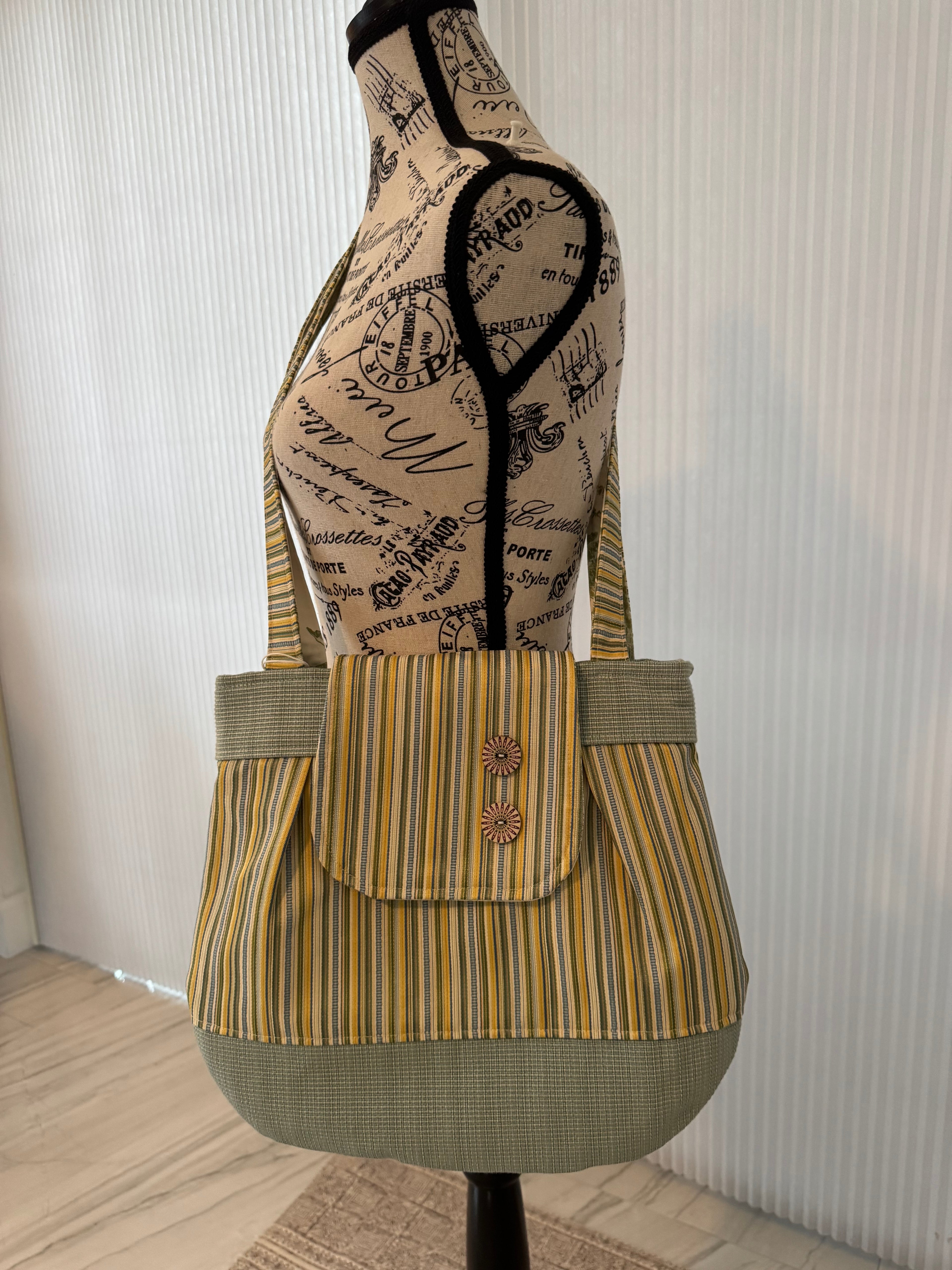 Green/Yellow Stripe 2 button Wittisham Tote Bag